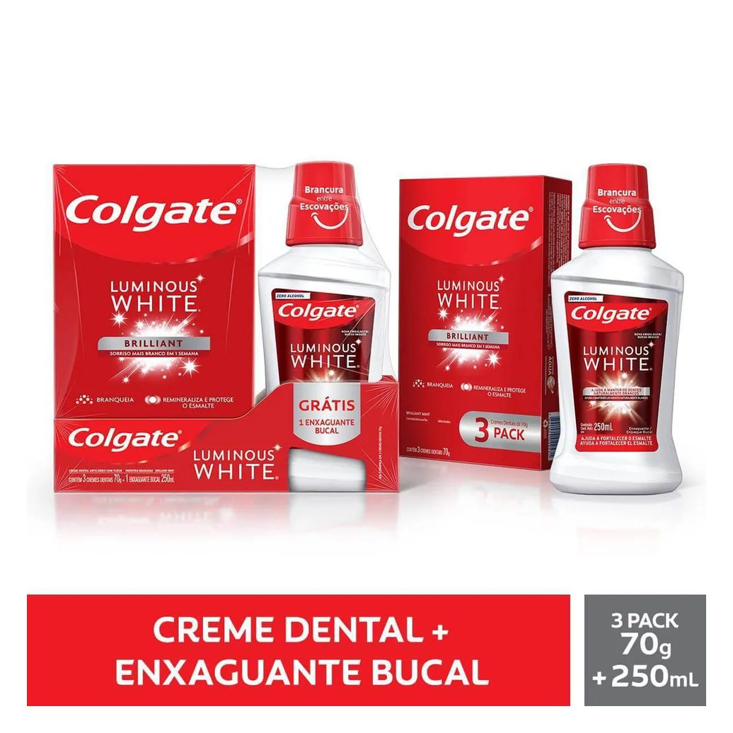 Kit Colgate Luminous White Brilliant Creme Dental 70g 3 unidades + Enxaguante Bucal 250ml