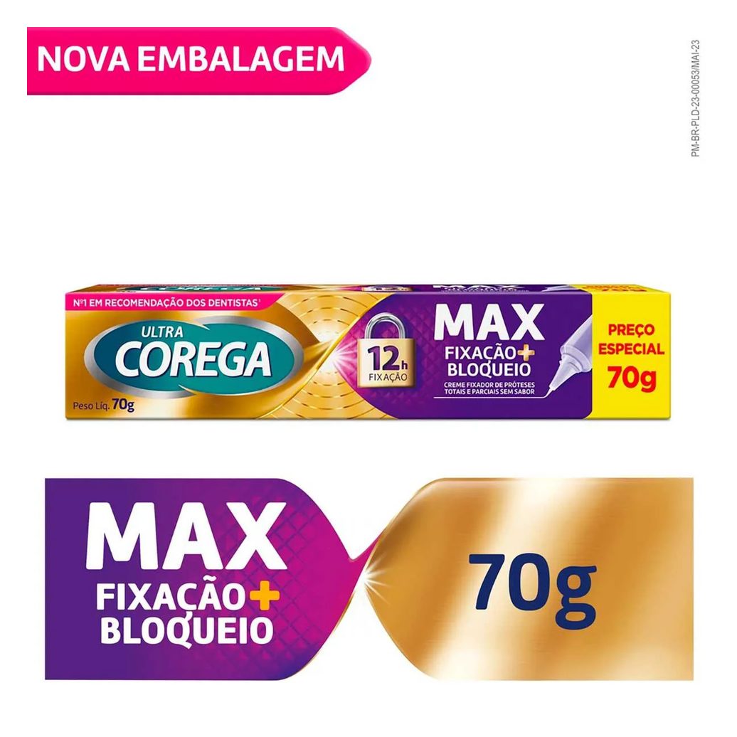 Creme Fixador de Dentadura Ultra Corega Max Fixação + Bloqueio Sem Sabor 70g