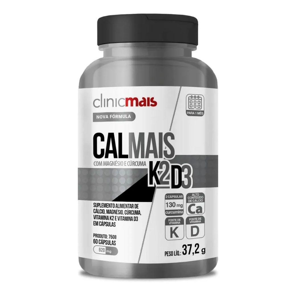 Calmais ( Vitaminas D3+k2, Cálcio, Mangésio e Curcuma) 60 Cápsulas - Clinicmais