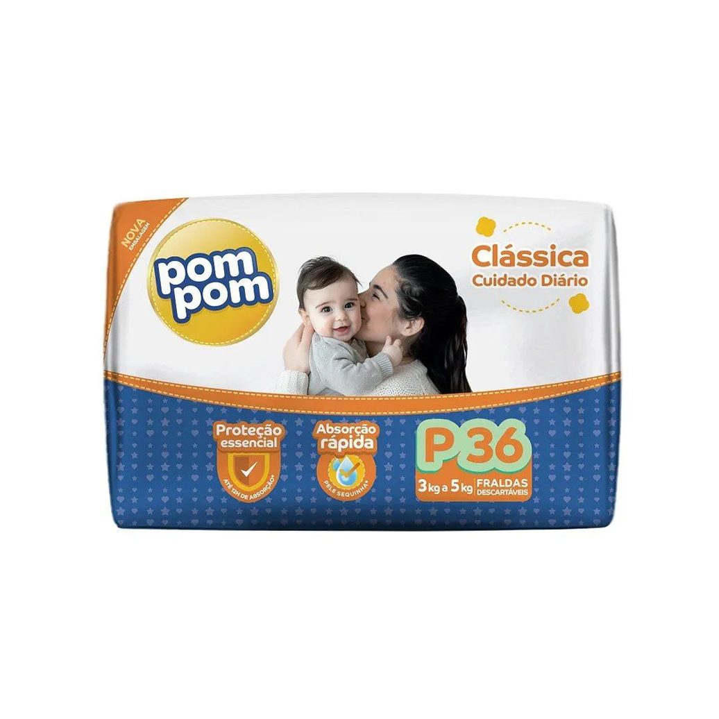 Fralda Descartável Pompom Clássica Econômica Tamanho P - 8 Pacotes com 36 Fraldas - Total 288 Tiras