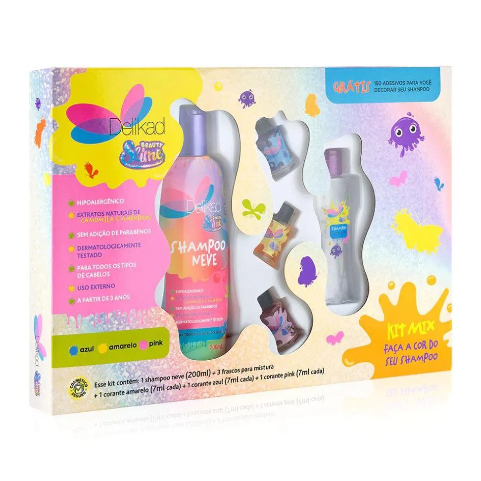 Kit Mix Beauty Slime ( Shampoo 200ml + 3 Frascos para Mistura + 3 Corantes Coloridos + 150 Adesivos )