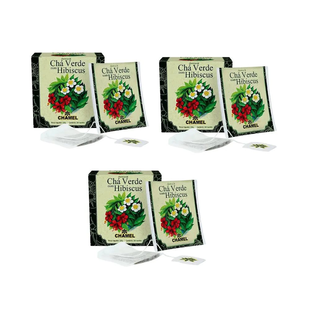 Kit 03 Chá Verde com Hibiscus com 10 Sachês 15g - Chamel