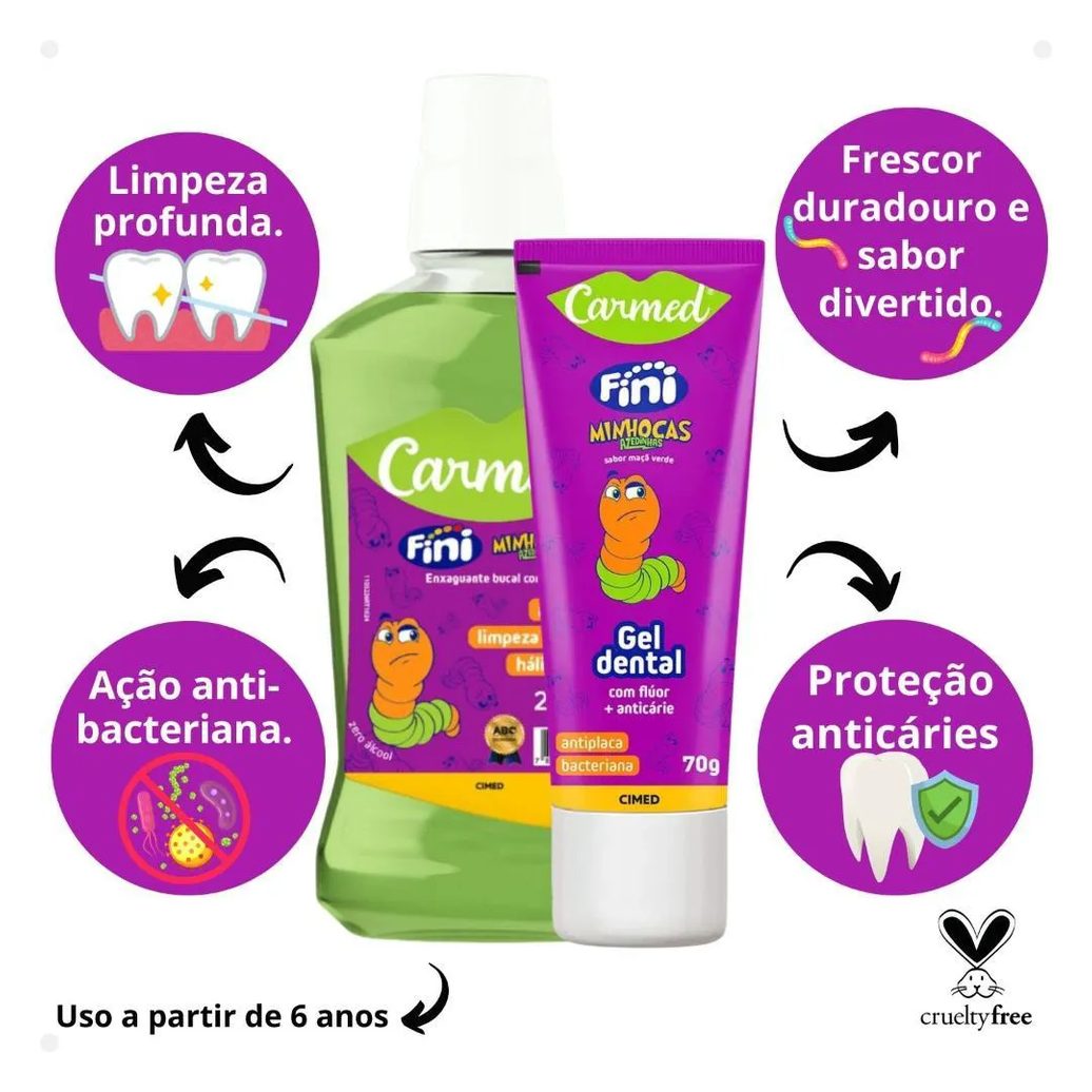 Kit Carmed Fini Minhocas Azedinhas: Gel Dental 70g e Enxaguante Bucal 250ml