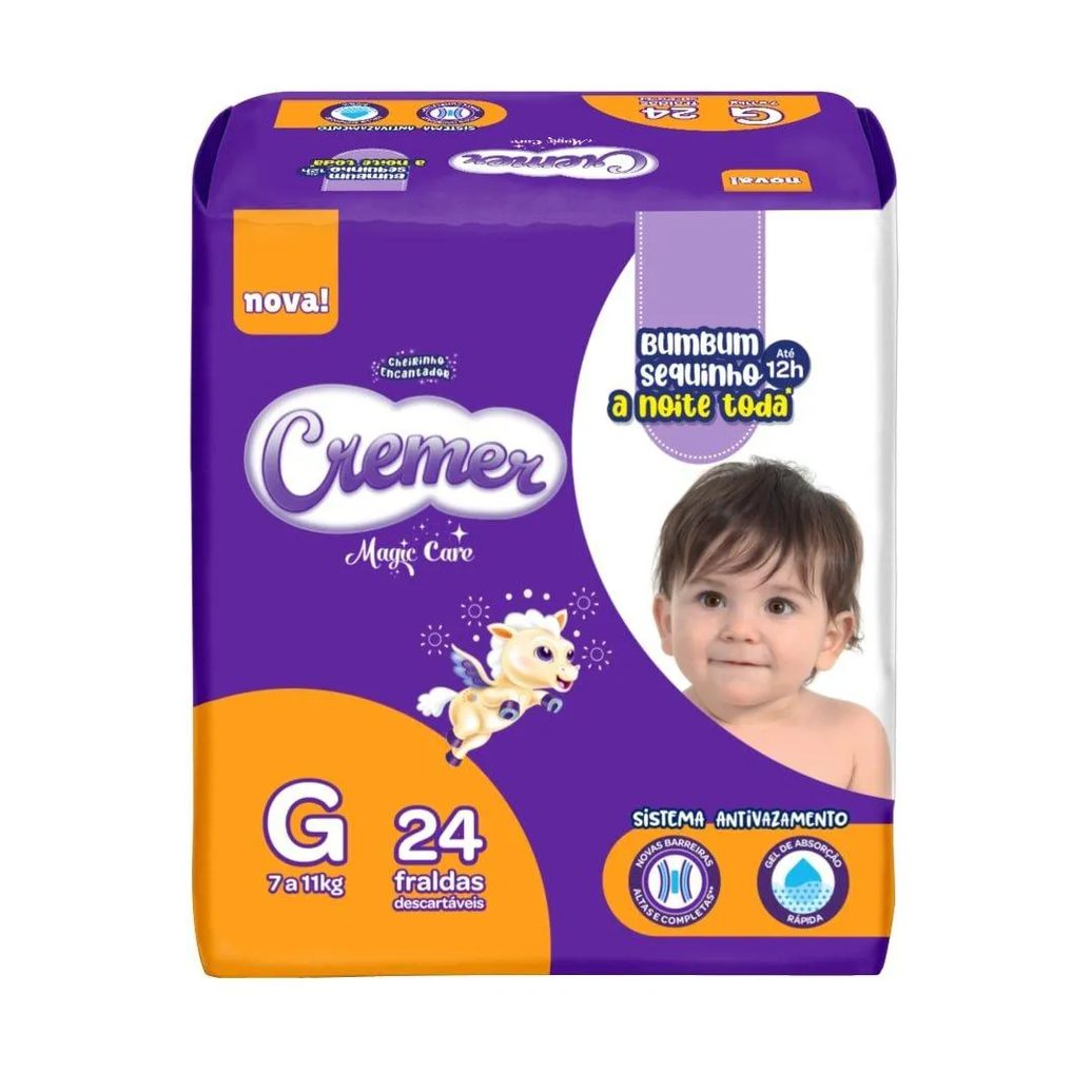 Fralda Descartável Cremer Jumbo Tamanho G - 8 Pacotes com 24 Fraldas - Total 192 Tiras