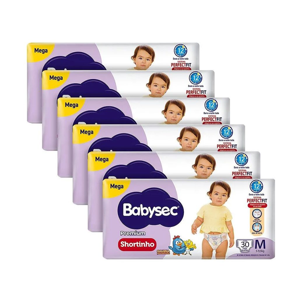 Fralda Descartável Babysec Shortinho Galinha Pintadinha Mega Tamanho M - 6 Pacotes com 30 Fraldas - Total 180 Tiras
