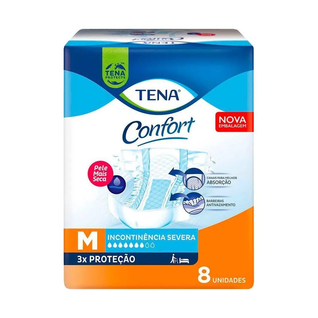 Fralda Geriátrica Tena Confort Tamanho M - 9 Pacotes com 8 Fraldas - Total 72 Tiras