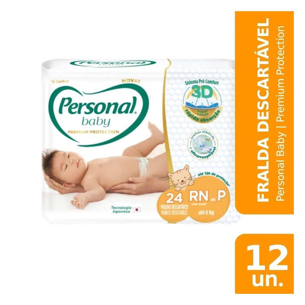 Fralda Descartável Personal Premium Jumbo Tamanho Rn/p - 12 Pacotes com 24 Fraldas - Total de 288 Tiras