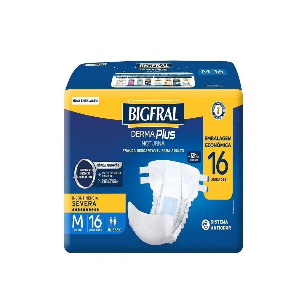 Fralda Descartável Adulto Bigfral Derma Plus Noturna Econômica Tamanho M - 4 Pacotes com 16 Fraldas - Total 64 Tiras