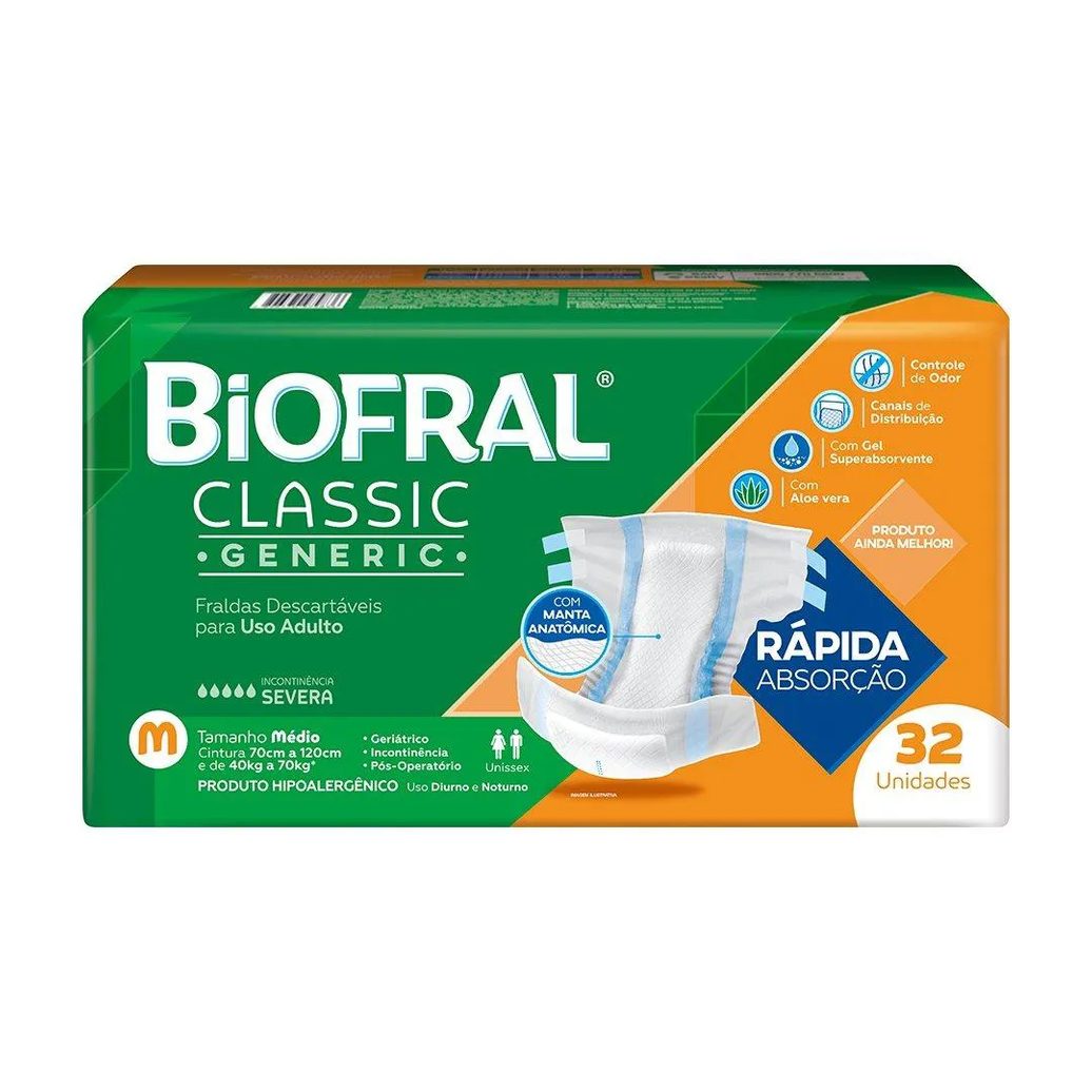 Fralda Descartável Adulto Biofral Classic Generic Média - 3 Pacotes com 32 Fraldas - Total 96 Tiras
