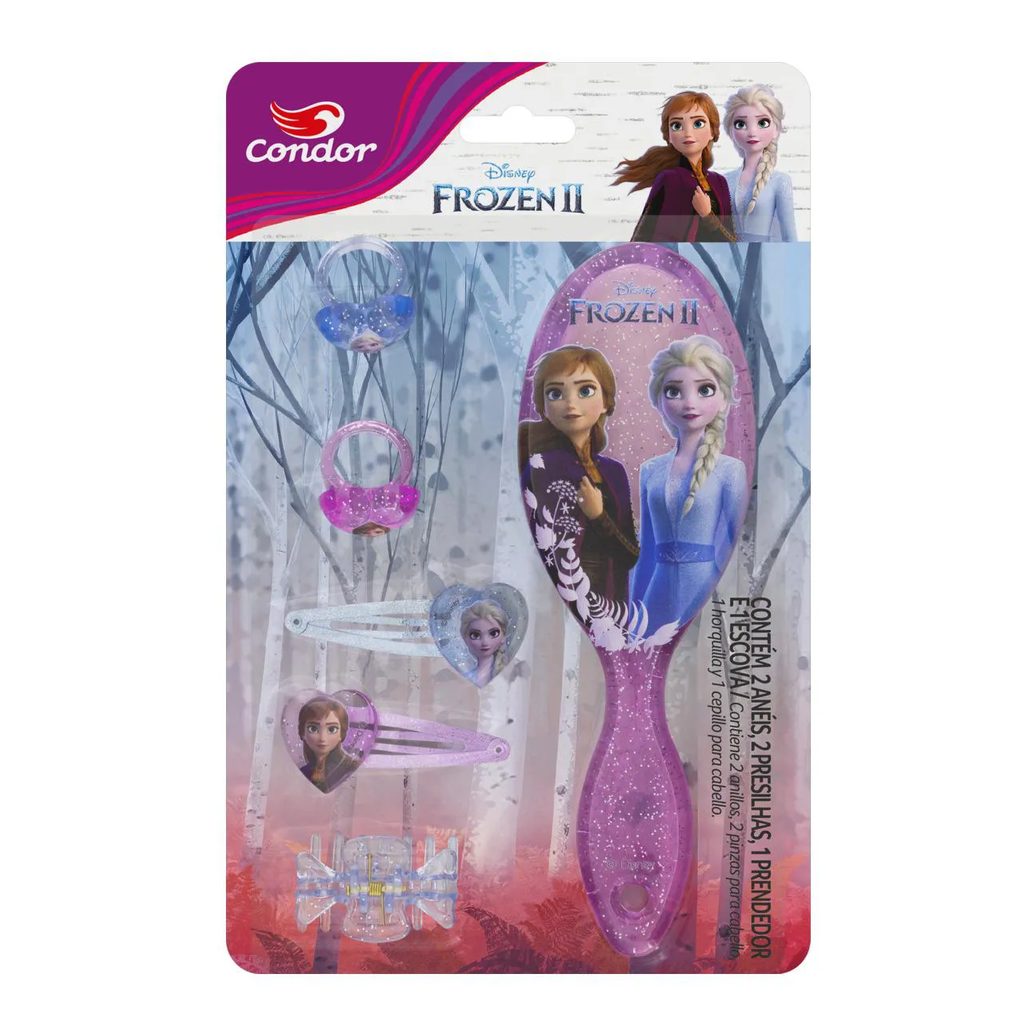 Kit Escova + Prendedor + 2 Presilhas + 2 Anéis Frozen Ii Condor