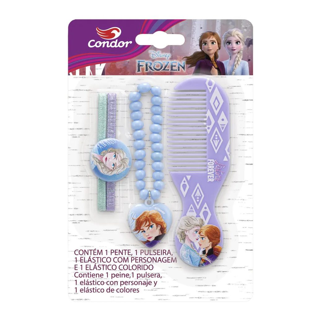 KIT PENTE + ELáSTICO COM PERSONAGEM + ELáSTICO COLORIDO + PULSEIRA FROZEN CONDOR