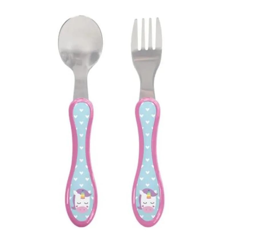 Kit Infantil de Talheres Anatômicos (garfo e Colher) Animal Fun Unicórnio - Buba