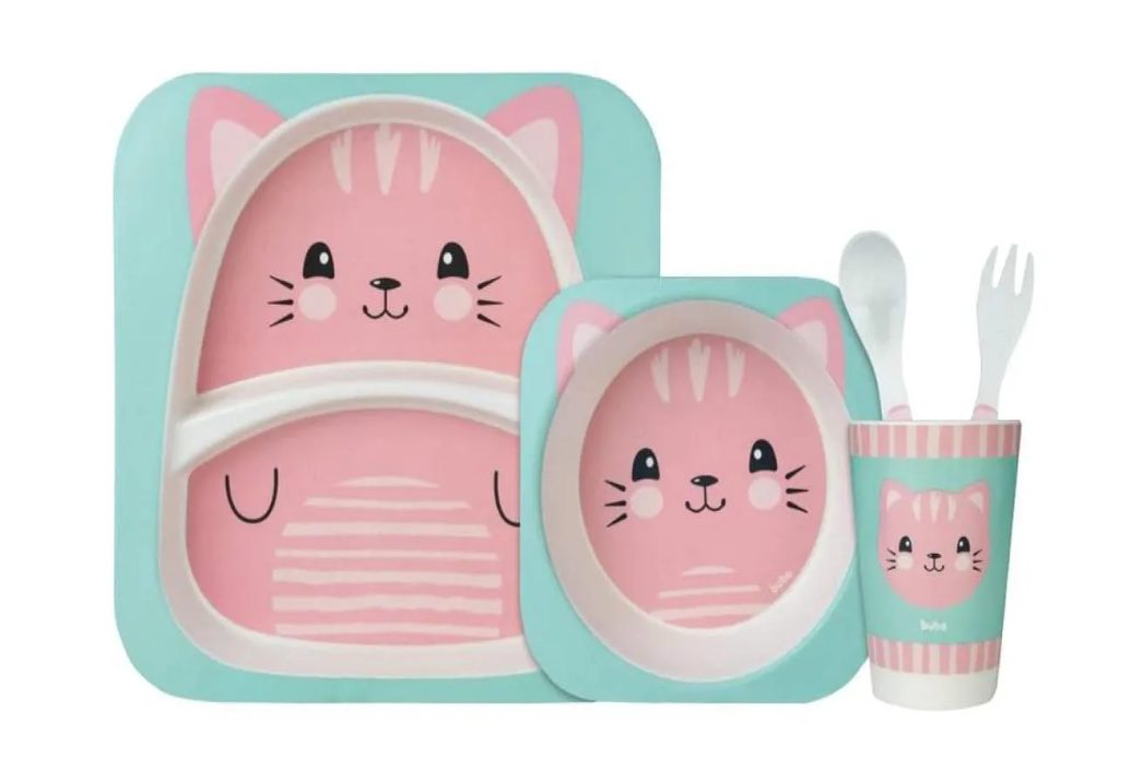 KIT REFEIçãO INFANTIL EM FIBRA DE BAMBU ECOLóGICO 5 PEçAS GATINHO - BUBA