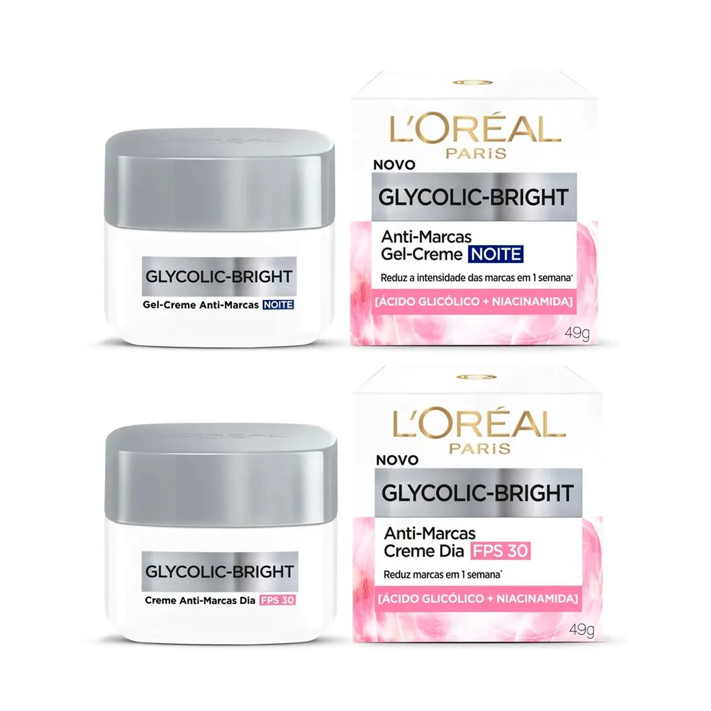Kit L'Oreal Paris Anti-Marcas Glycolic-Bright - Creme Dia FPS30 + Gel-Creme Noite