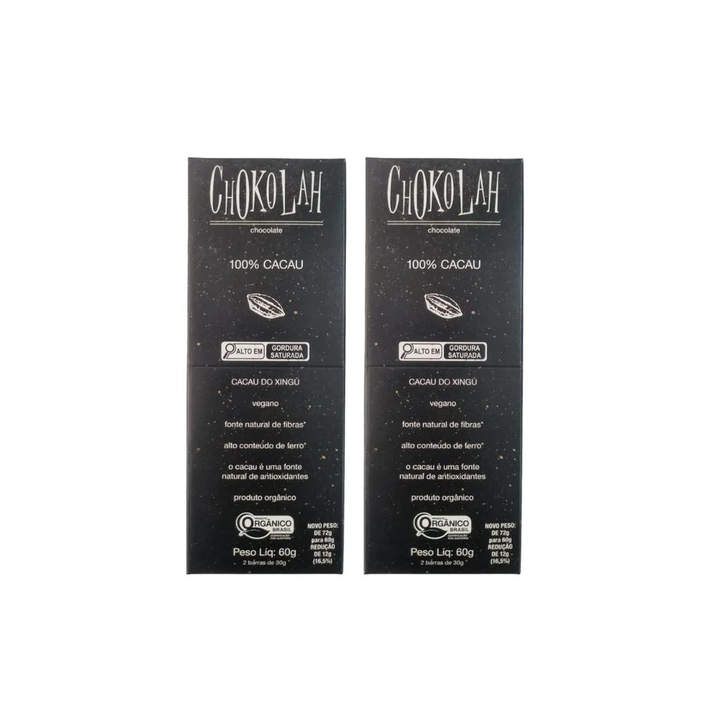 Kit 2x: Chocolate 100% Cacau Zero Açúcar Orgânico Chokolah 60g