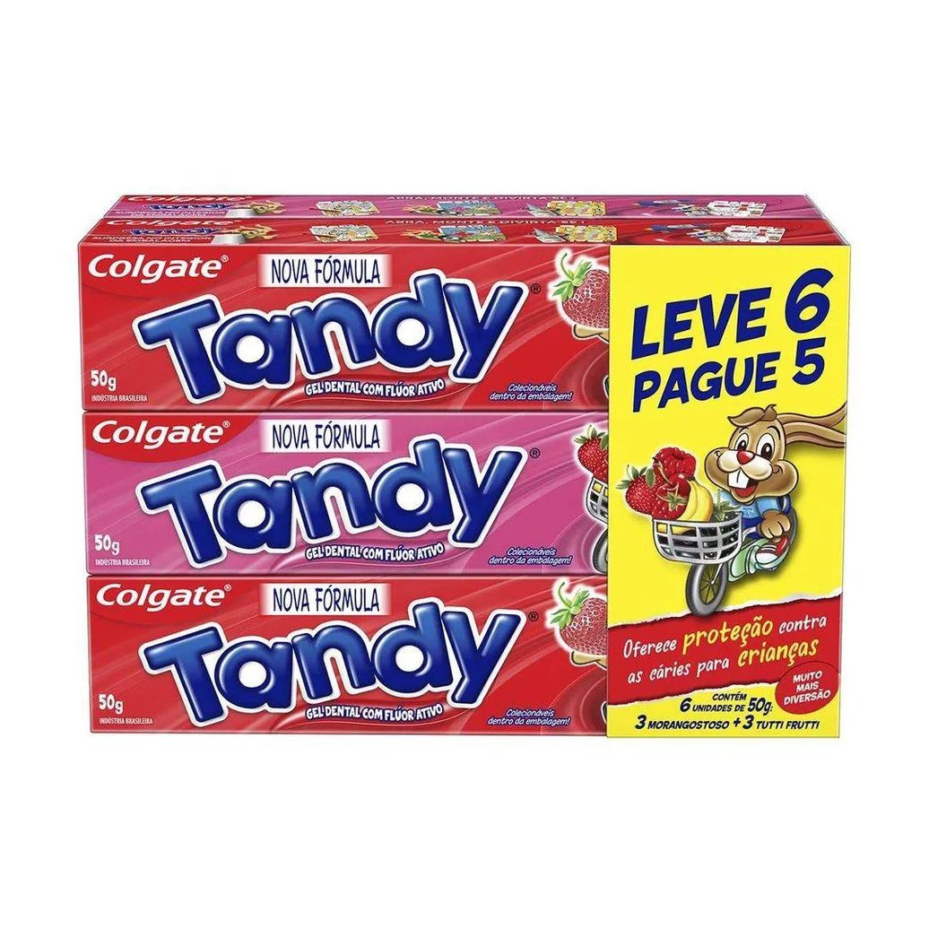 Creme Dental Tandy Morango + Tutti Frutti 50g - Leve 6 Pague 5 - Embalagem com 6 unidades