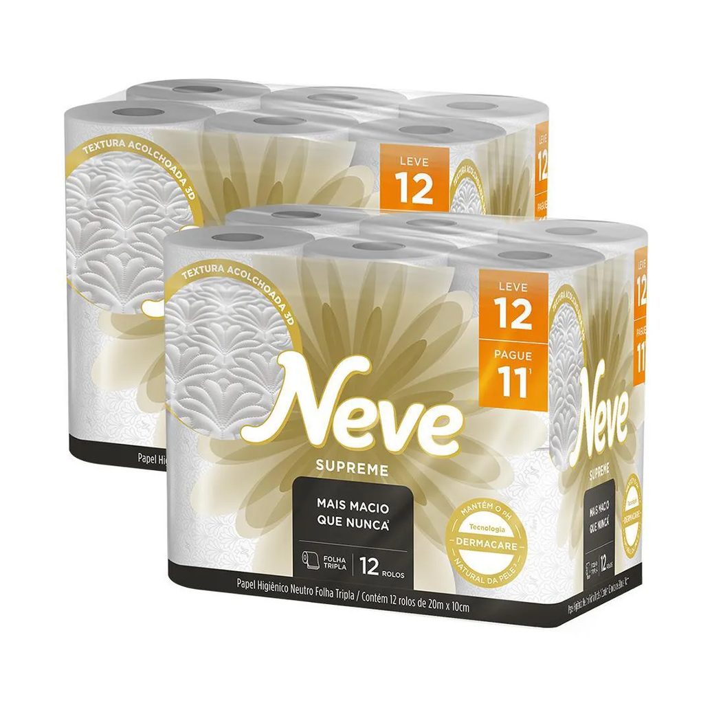 Kit 2 Papel Higiênico Neve Supreme Folha Tripla Leve 12un Cada