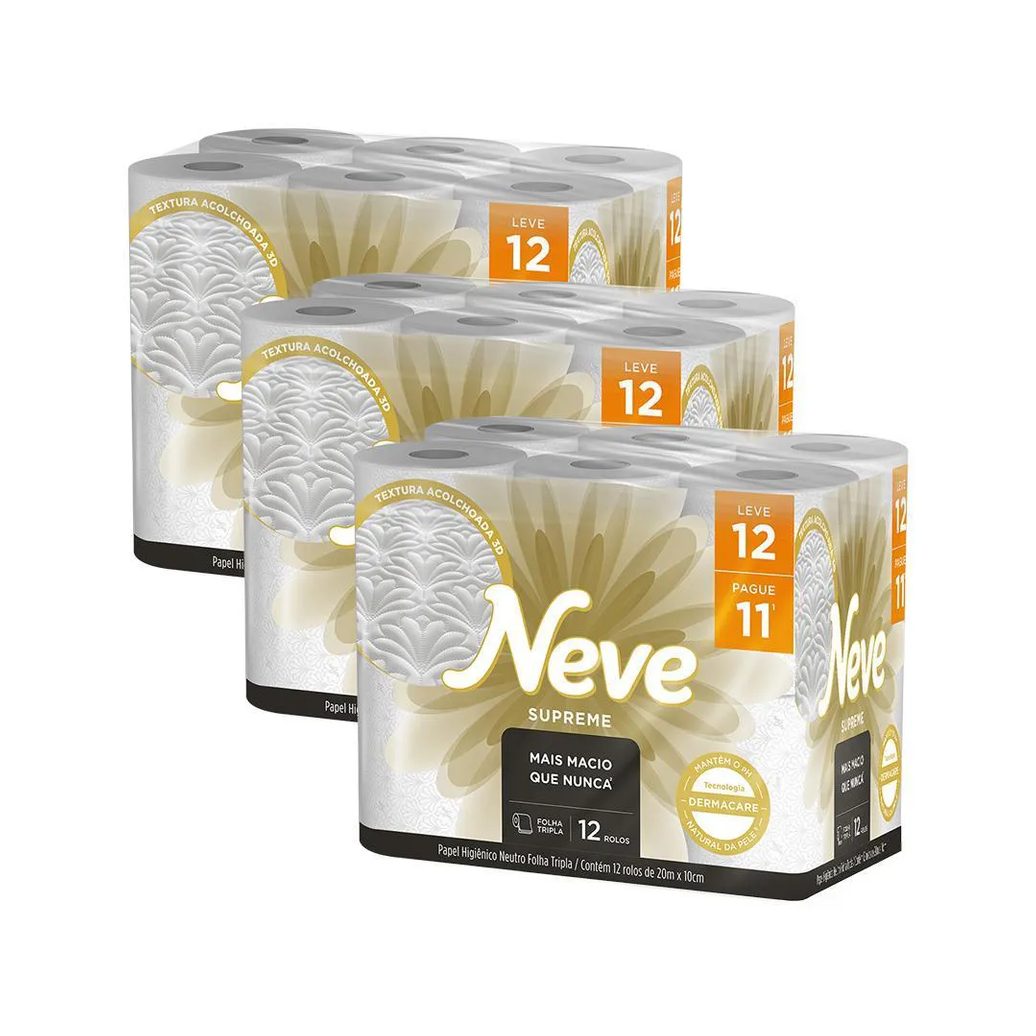 Kit 3 Papel Higiênico Neve Supreme Folha Tripla Leve 12un Cada