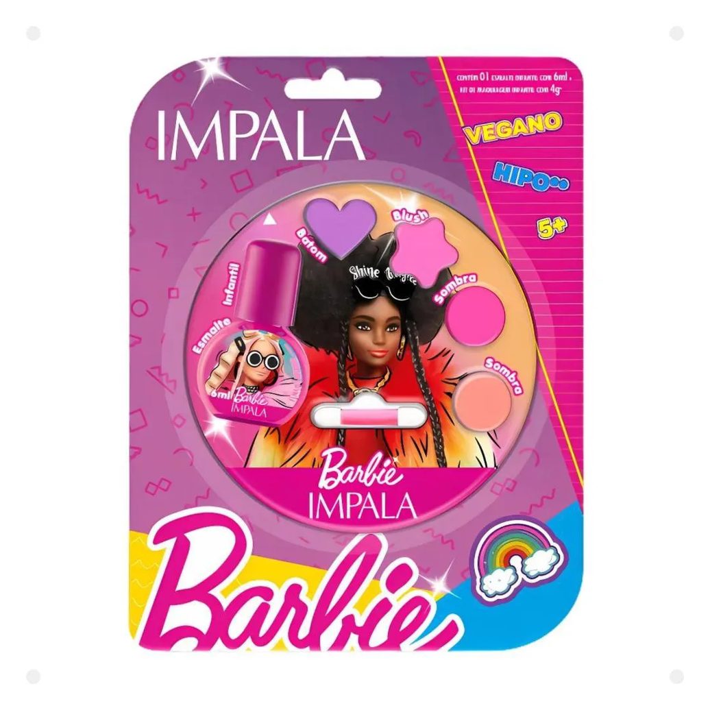 Kit Impala Barbie:1 Esmalte Icônica e Paleta de Maquiagem Infantil