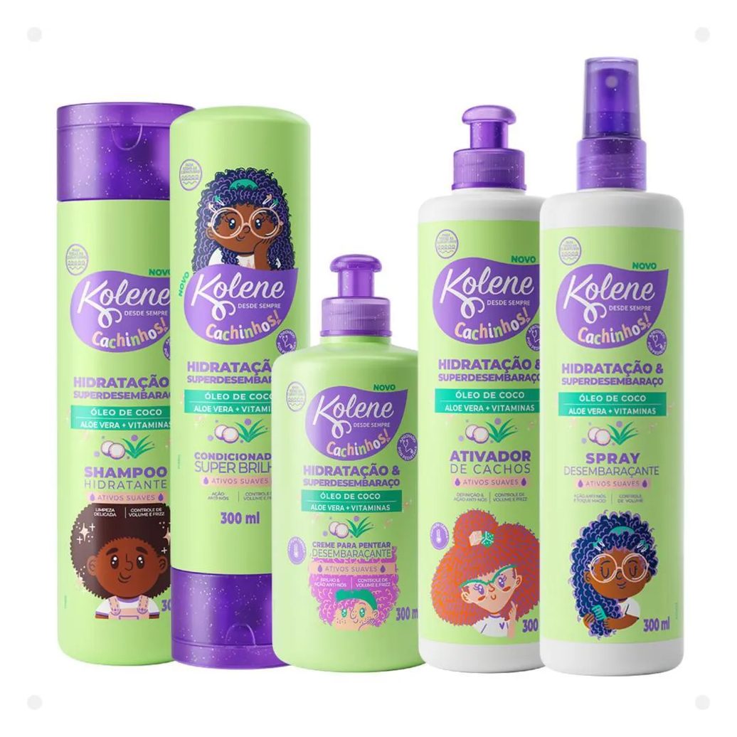 Kit Kolene Cachinhos: Shampoo, Condicionador, Creme para Pentear, Ativador de Cachos Spray Desembaraçante 300ml
