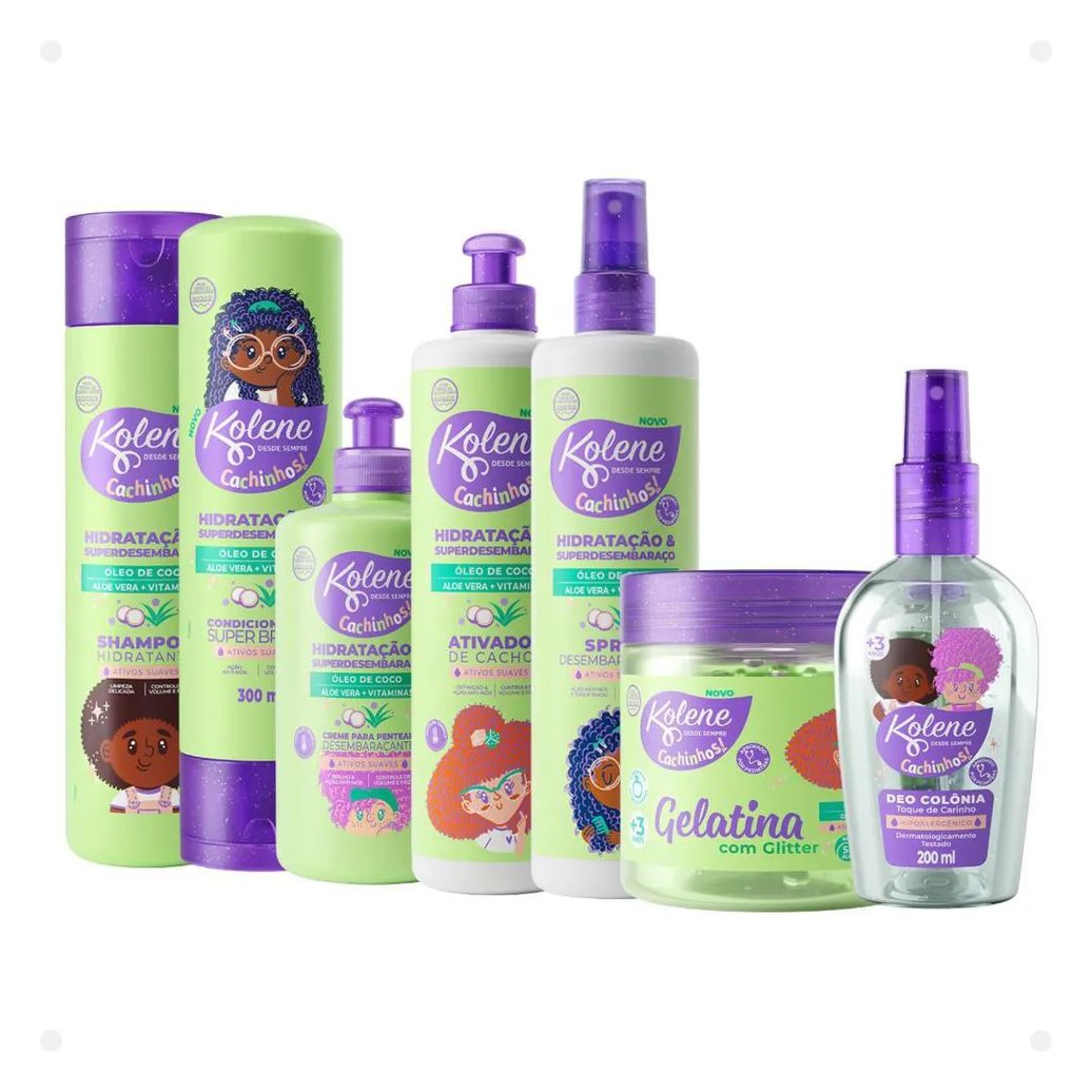 Kit Kolene Cachinhos: Shampoo, Condicionador, Creme para Pentear, Ativador de Cachos, Spray Desembaraçante, Gelatina e Deo Colônia