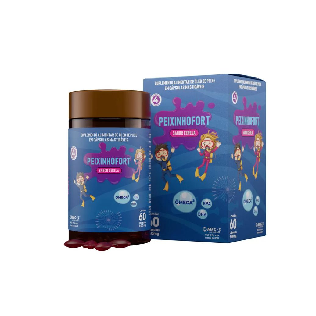Peixinho Fort Ômega 3 Infantil 60 cápsulas Mastigáveis Sabor Cereja Fortlife