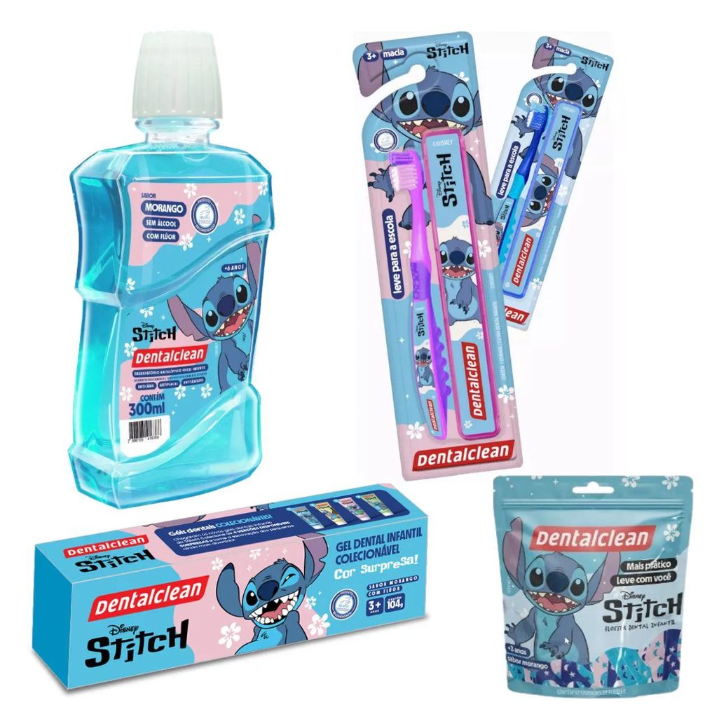 KIT ESCOVA 3A, GEL, ENXAGUANTE, FLOSSER STITCH - DENTALCLEAN