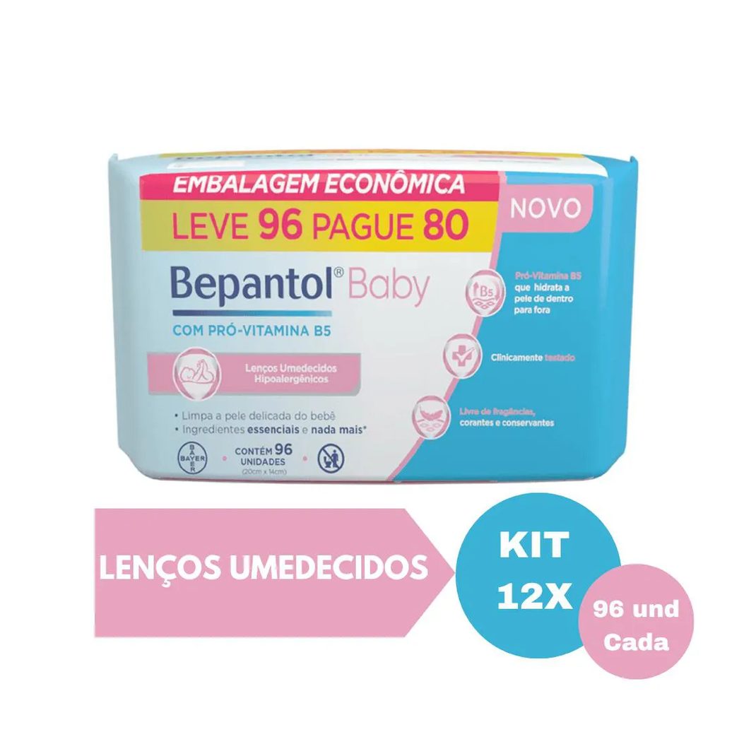 Kit 12 Lenços Umedecidos Hipoalergênicos 96Un Cada - Bepantol