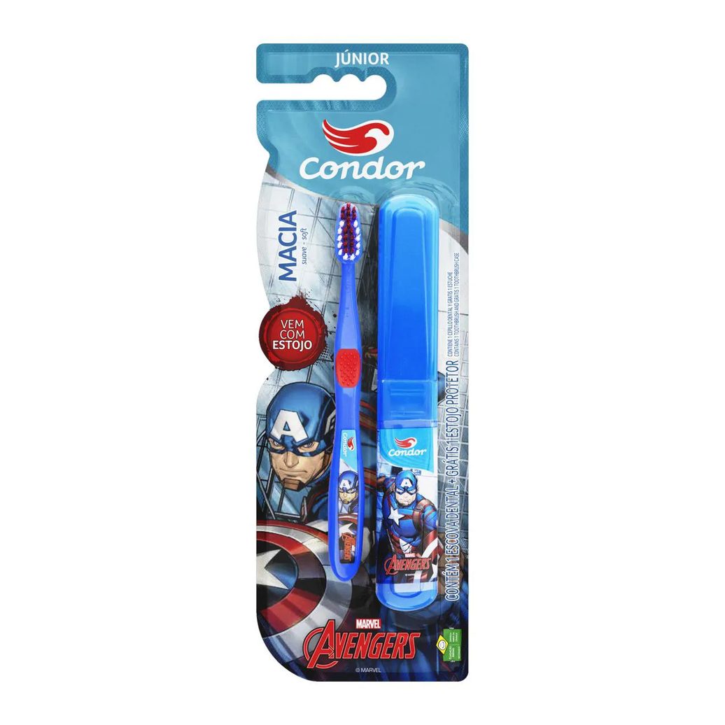 ESCOVA DENTAL MACIA E SUAVE AVENGERS CONDOR JúNIOR CABEçA P GRáTIS ESTOJO PROTETOR
