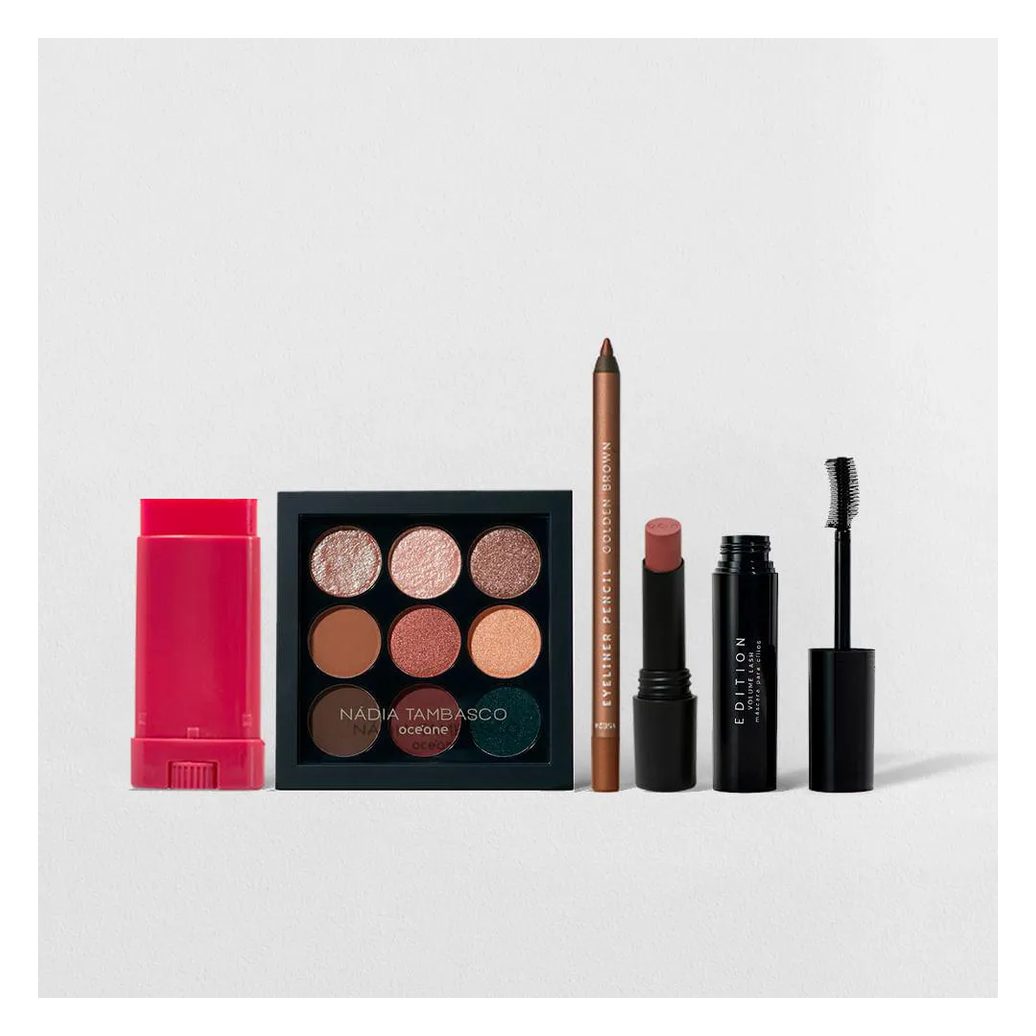KIT LáPIS DE OLHOS + BLUSH + PALETA DE SOMBRAS + MáSCARA DE CíLIOS + BATOM NUDE OCéANE (5 PRODUTOS)