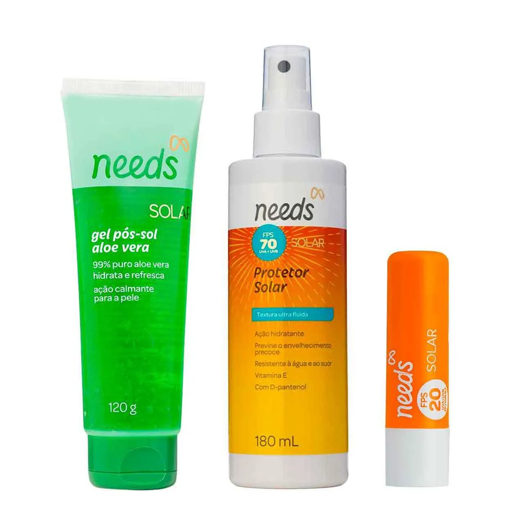 Kit Protetor Solar Needs Spray Corporal FPS 70 180ml + Labial FPS 20 3,6g + Gel Pós-sol 120g