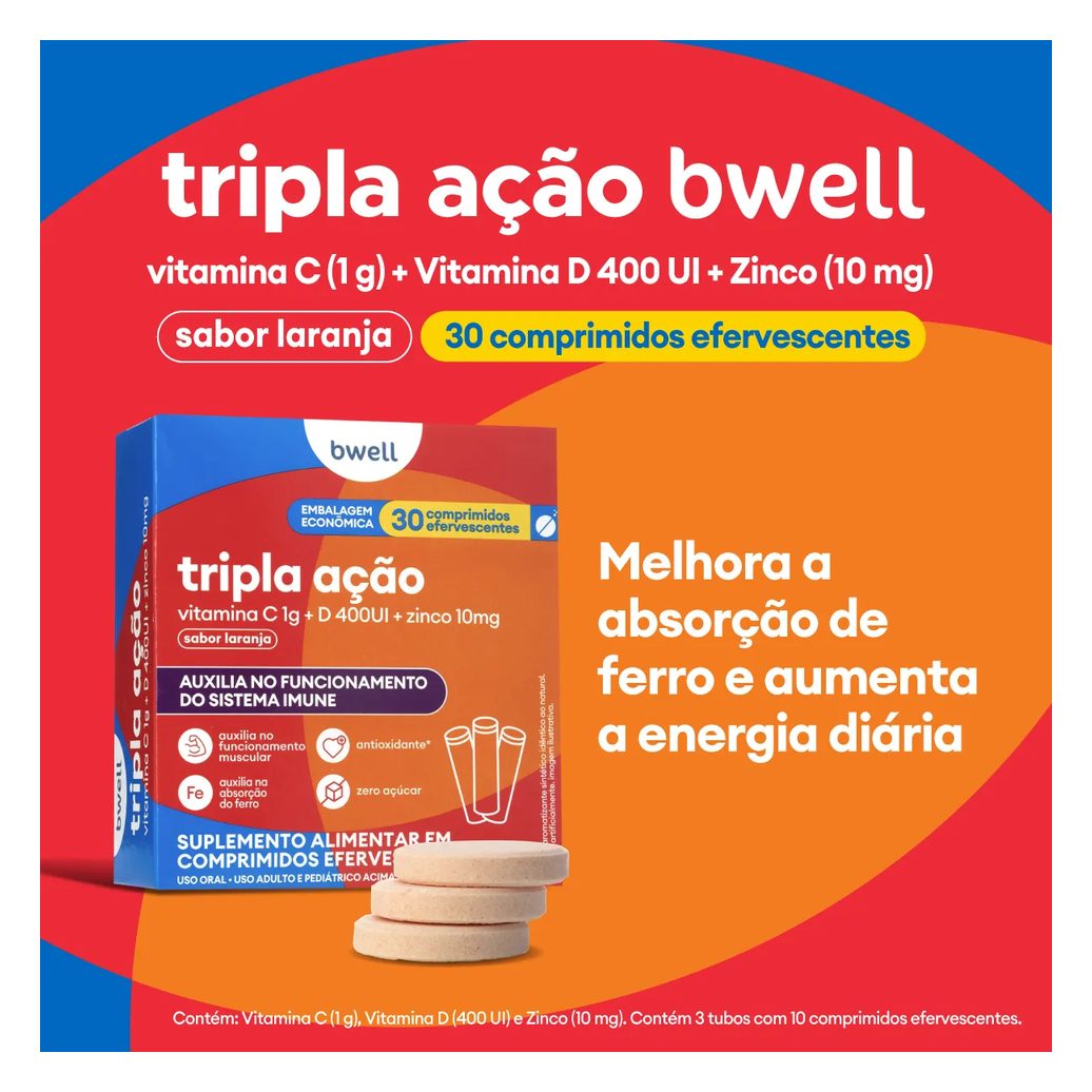Vitamina C bwell Tripla Ação 30 Comprimidos Efervescentes