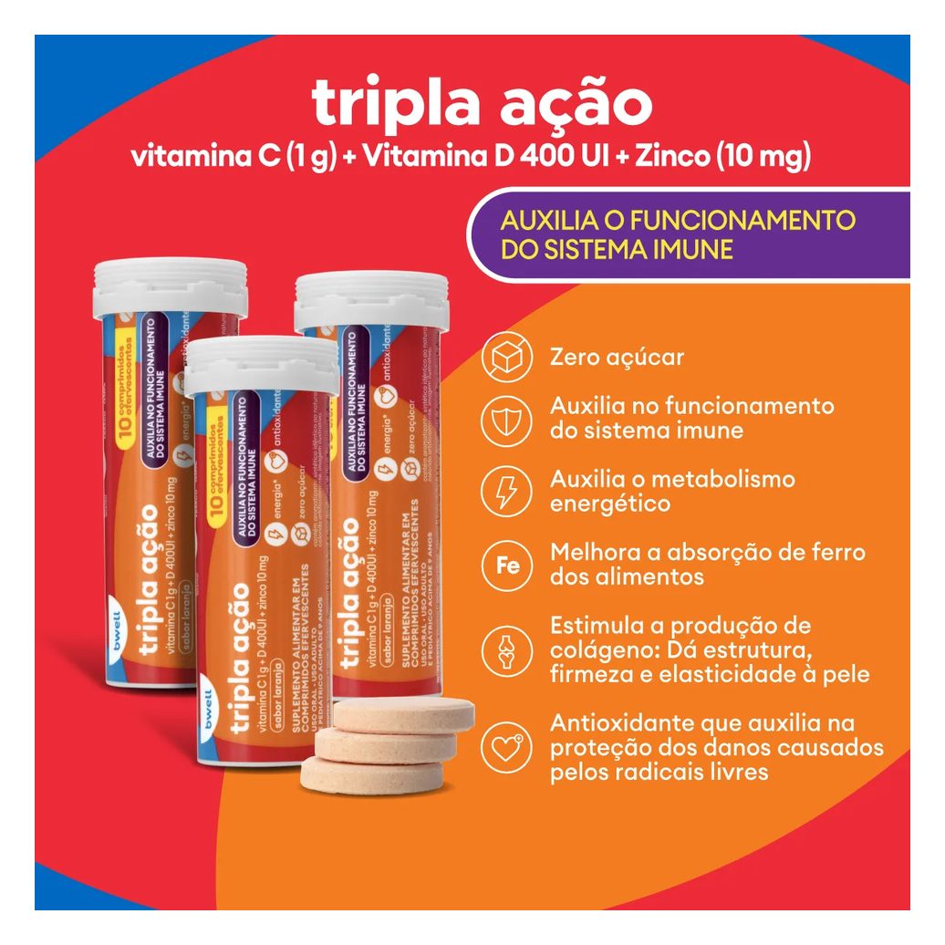 Vitamina C bwell Tripla Ação 30 Comprimidos Efervescentes
