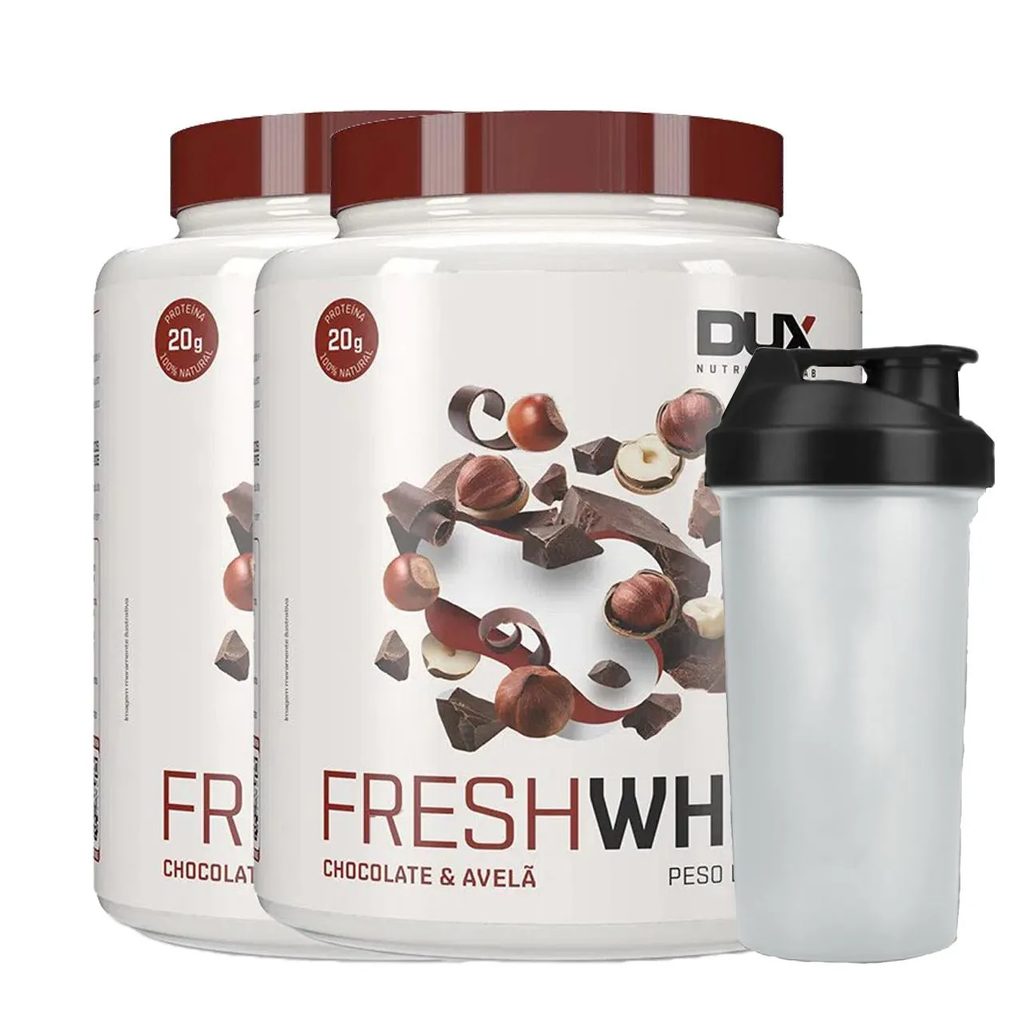 Combo 2x Fresh Whey Conc. Isolado Hidrolisado Chocolate Belga e Avela 450g + Coqueteleira Dux