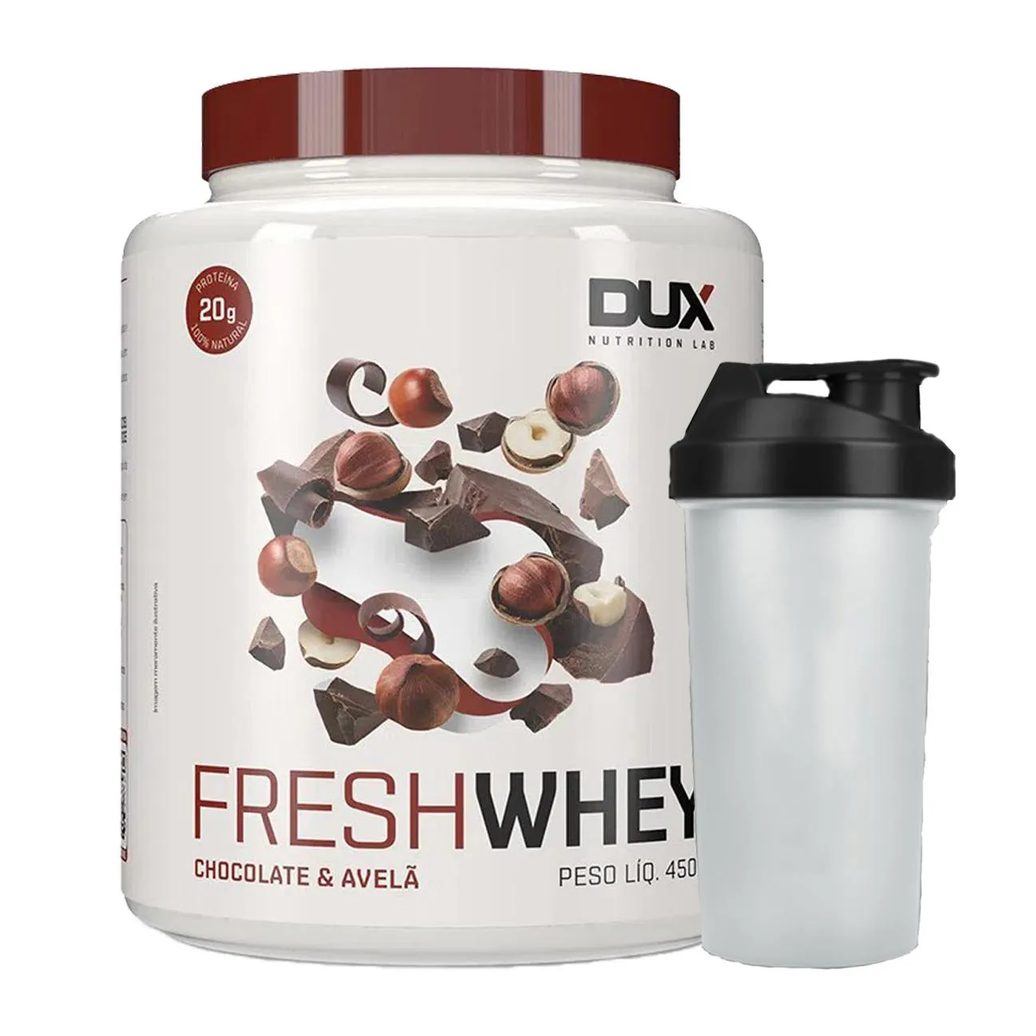 Combo Fresh Whey Conc. Isolado Hidrolisado Chocolate Belga e Avela 450g + Coqueteleira Dux Nutrition