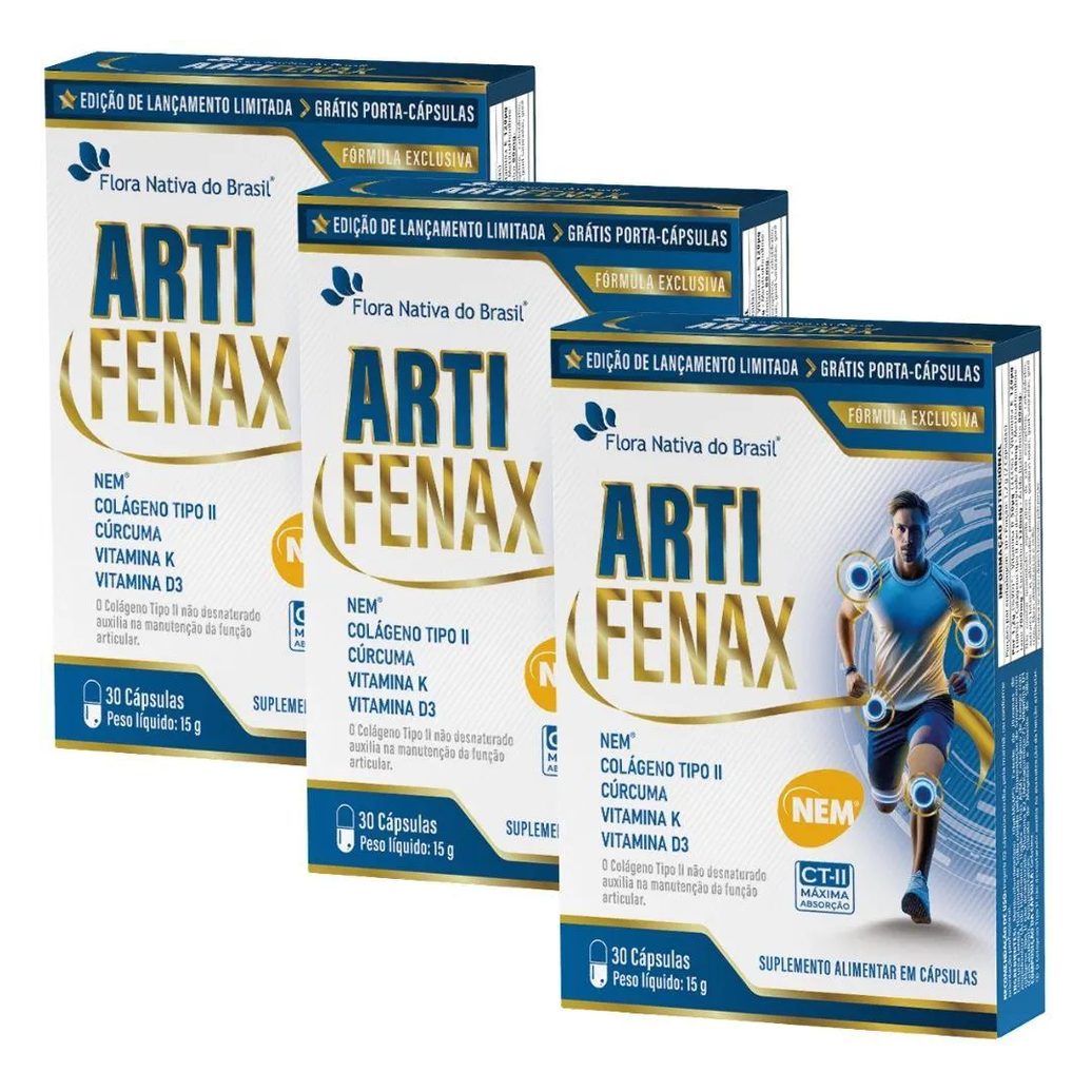 Kit 3x Artifenax (nem, Colágeno Tipo 2, Curcumina, Vitminas D3 e K2) 30 cápsulas - Flora Nativa