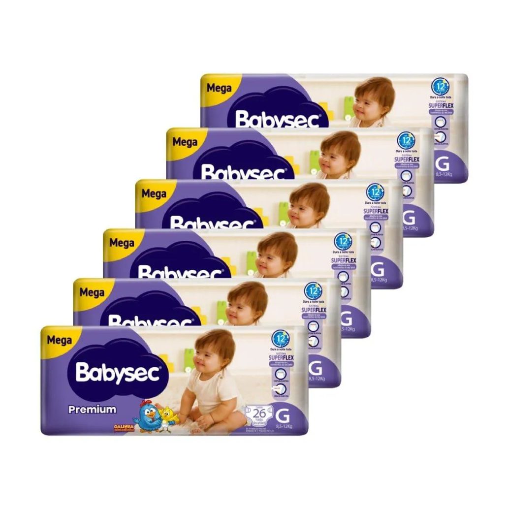 Fralda Descartável Babysec Premium Mega Tamanho G - 6 Pacotes com 26 Tiras - Total 156 Tiras