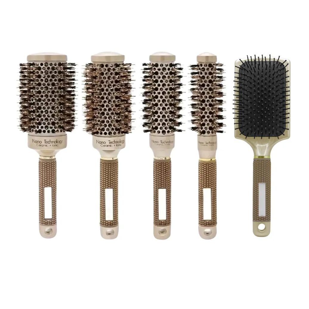 Kit 5 Escovas Termica Profissional Vazada Cerâmica Cerdas de Javali e Nylon com Escova Raquete