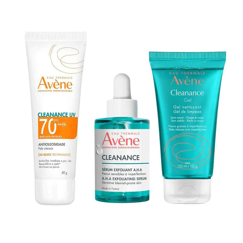 Kit Avène Cleanance Gel de Limpeza Rosto e Corpo + 1 Protetor Solar Facial UV FPS 70 + Sérum Esfoliante Eau Thermale A.H.A
