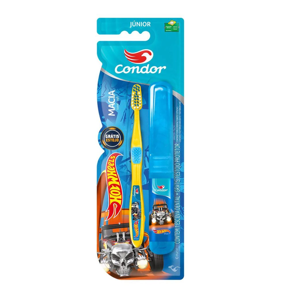 Escova Dental Macia Hot Wheels Condor Júnior Cabeça P Grátis Estojo Protetor