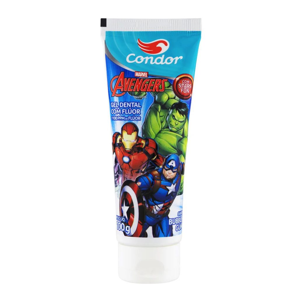 Gel Dental Infantil com Flúor Bubble Gum com Stars Fun Avengers Condor Bisnaga 100g