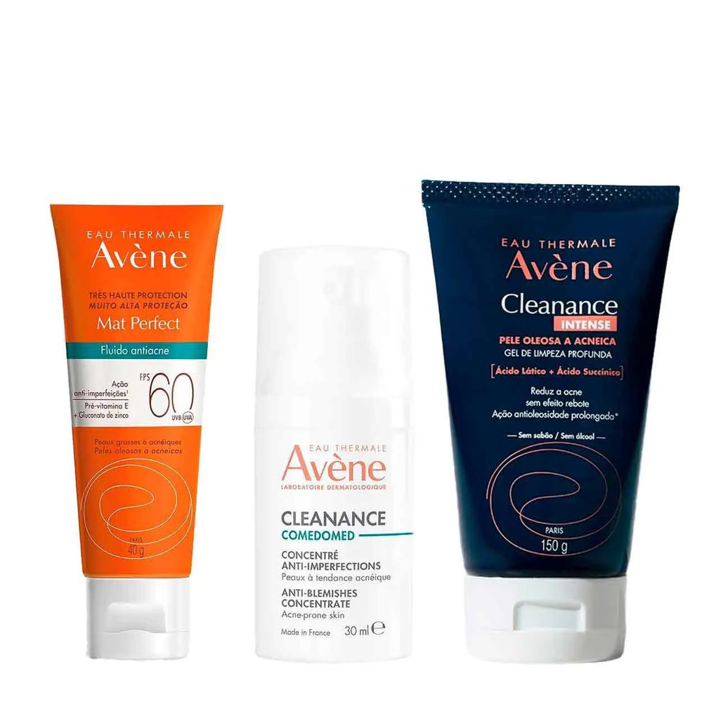 Kit Avène Cleanance Gel de Limpeza Profunda Intense + Sérum Corretor Facial Antiacne Comedomed + Protetor Solar Facial Fluido Anti Acne FPS 60 Mat Perfect