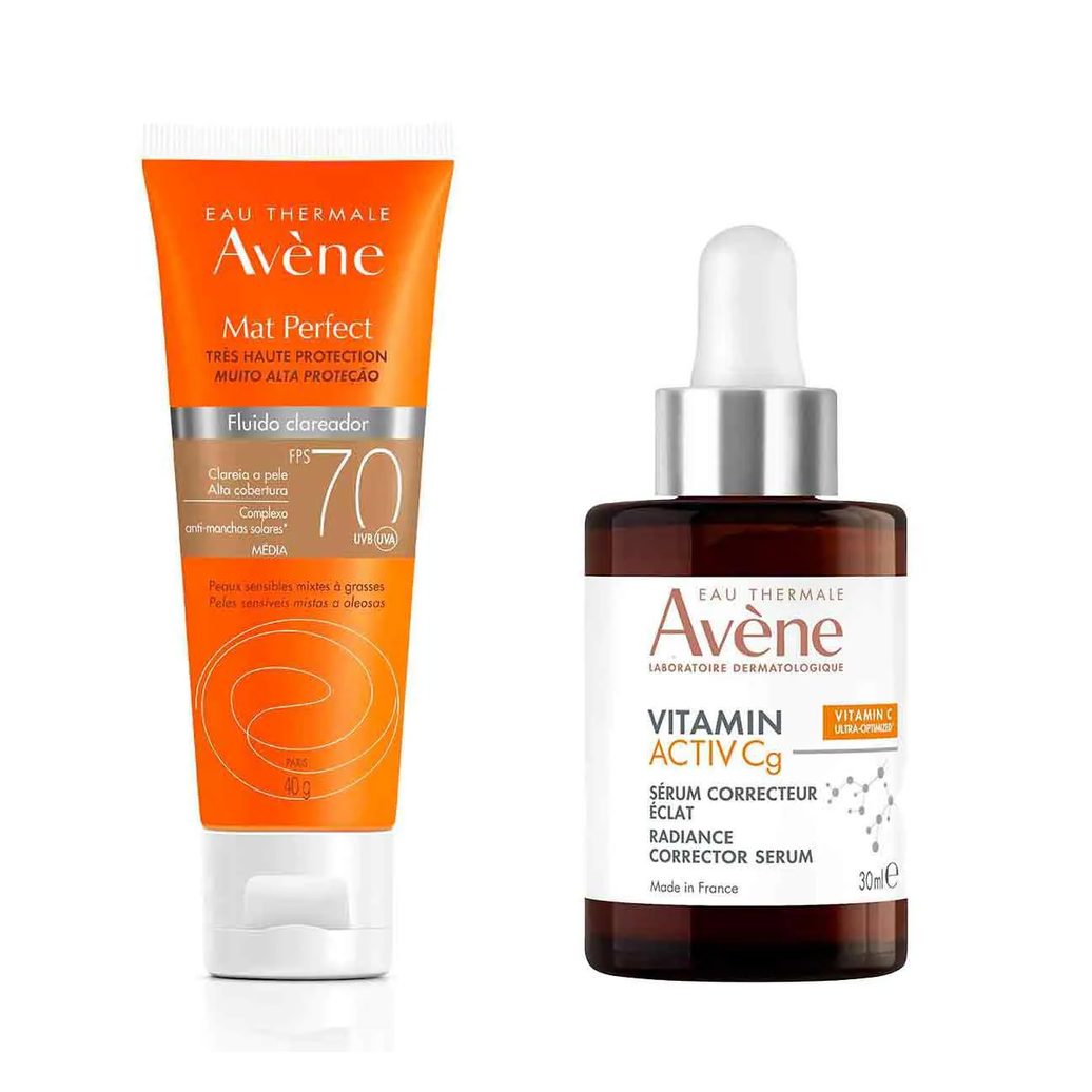 Kit Avène Facial Sérum Iluminador Intensivo Vitamin Activ Cg 30ml + Protetor Solar Mat Perfect FPS 70 Fluido Clareador Médio 40g