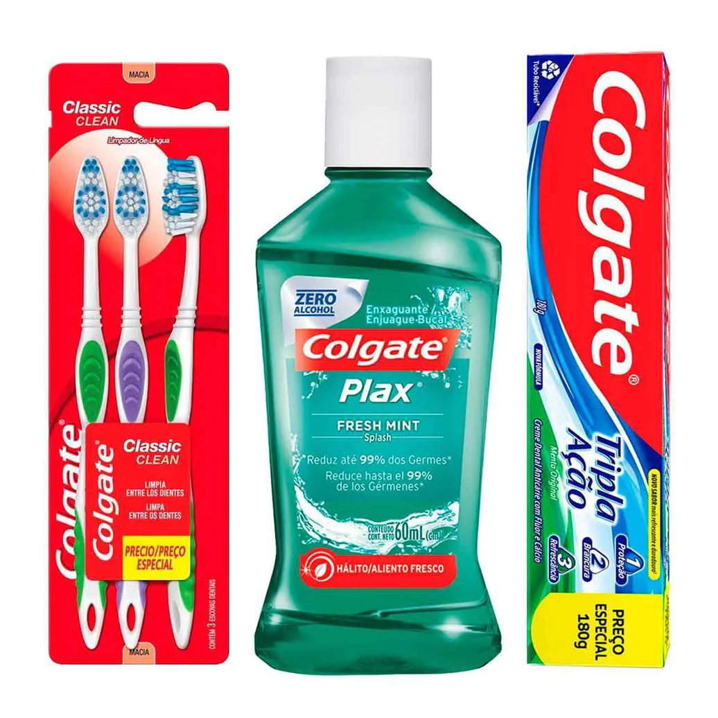 Kit Colgate Escova de Dente Colgate Classic Clean 3 un + Pasta de Dente Tripla Ação Menta Original Anticárie com Flúor + Enxaguante Antisséptico Bucal Plax Fresh Mint Sem Álcool