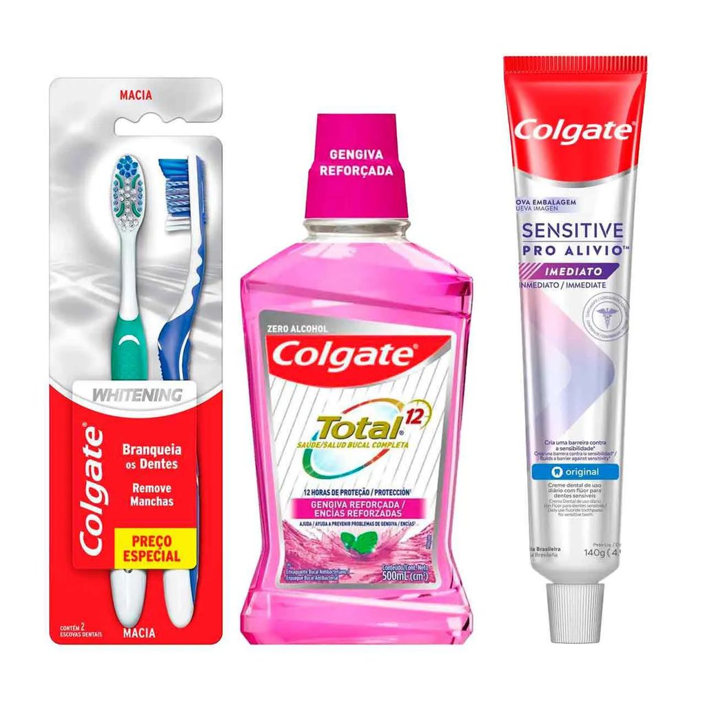 Kit Colgate Escova de Dente Whitening Macia Cabeça Compacta 2 Un + Pasta de Dente Sensitive Pro-Alívio Imediato + Enxaguante Antisséptico Bucal Total 12 Gengiva Reforçada