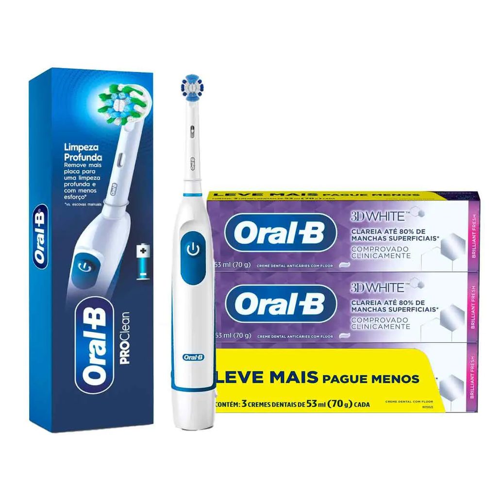 Kit Oral-B Escova de Dente Elétrica Pro-Clean Power + Pasta de Dente 3D White 3 unidades com 70g cada
