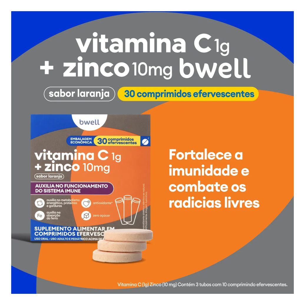 Vitamina C + Zinco bwell 30 Comprimidos Efervescentes