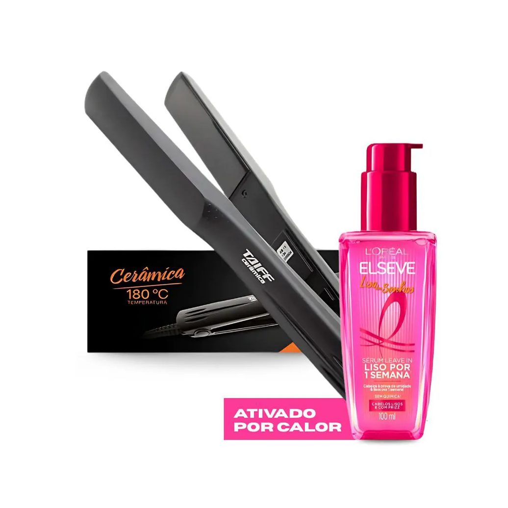 Kit Prancha Taiff Bivolt Cerâmica Action + Sérum Capilar Elseve Liso dos Sonhos 100ml
