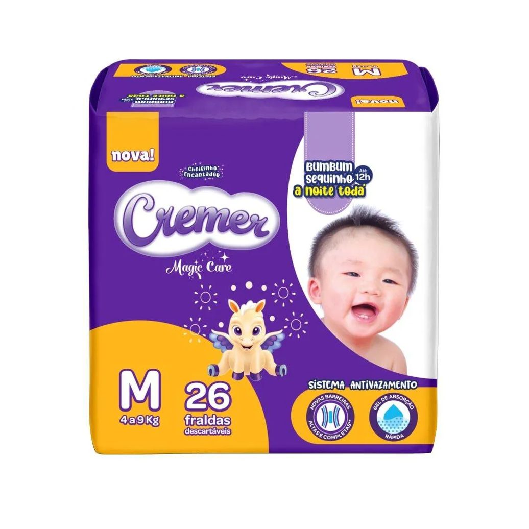 Fralda Descartável Cremer Jumbo Tamanho M - 8 Pacotes com 26 Fraldas - Total 208 Tiras