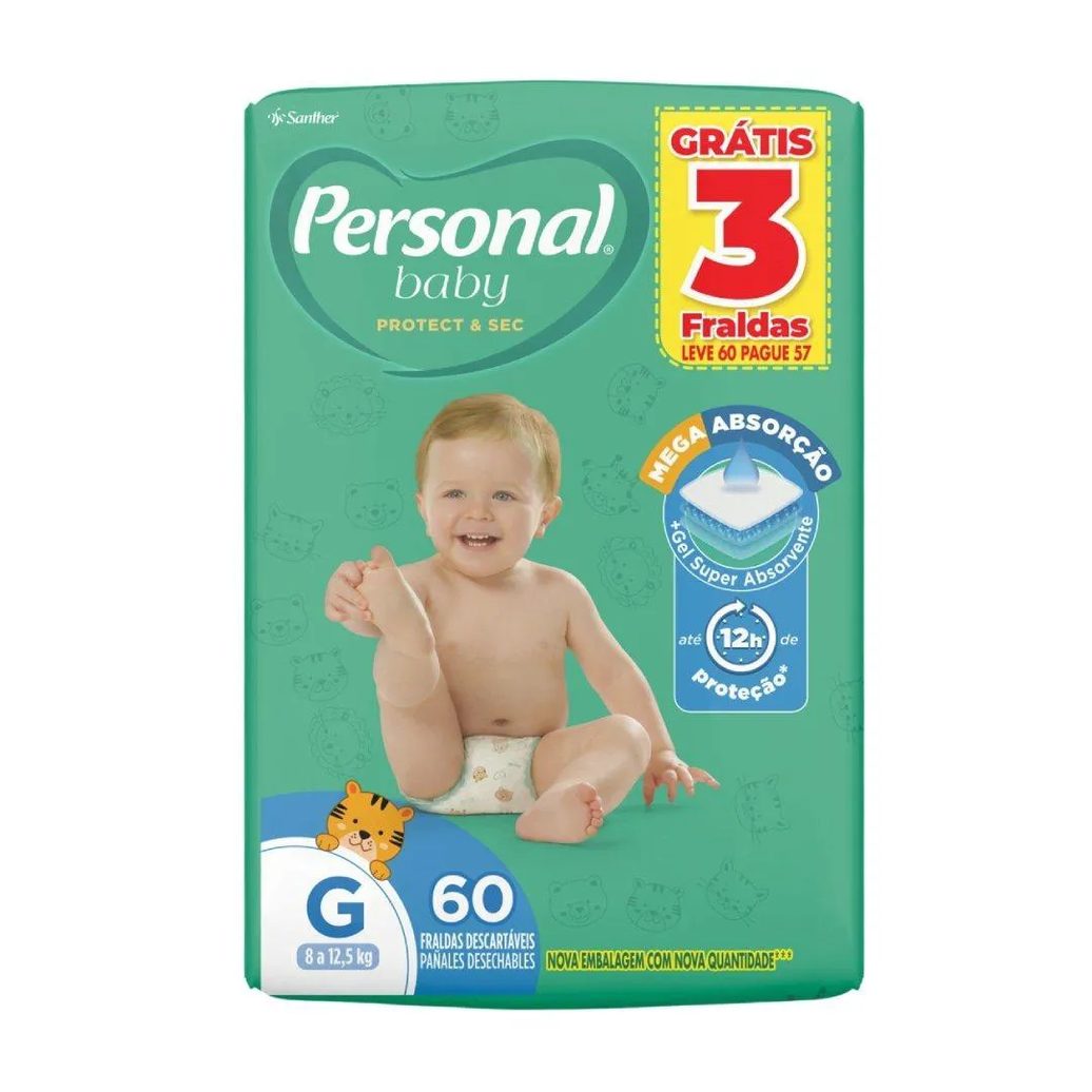 Fralda Descartável Personal Soft & Protect Hiper Tamanho G - 4 Pacotes com 60 Fraldas - Total 240 Tiras